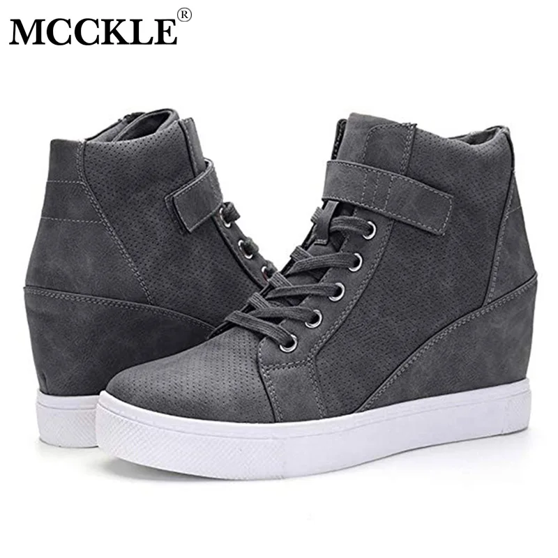MCCKLE Women Sneakers Lace Up Suede Hook Loop Vulcanized Shoes Women's High Increasing Ladies Platform Footwear Female Plus Size