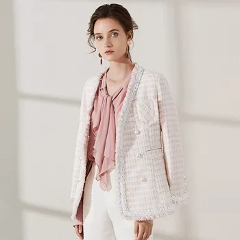 

Runway Womens Clothes Top Pink Jacket Autumn Spring Tweed Coat Female Fashion Plaid Ladies Jackets Office Work Tassel Outerwear