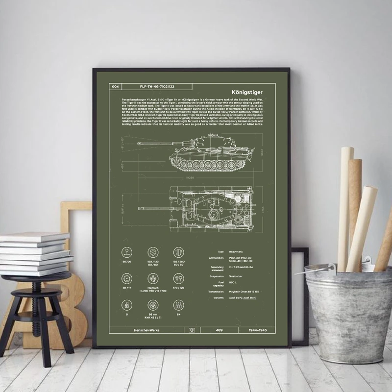 Panzer Тигр Konigstiger Второй мировой войны Печать Танк патент немецкие военные плакаты проект Искусство Холст Картина Настенная картина домашний декор