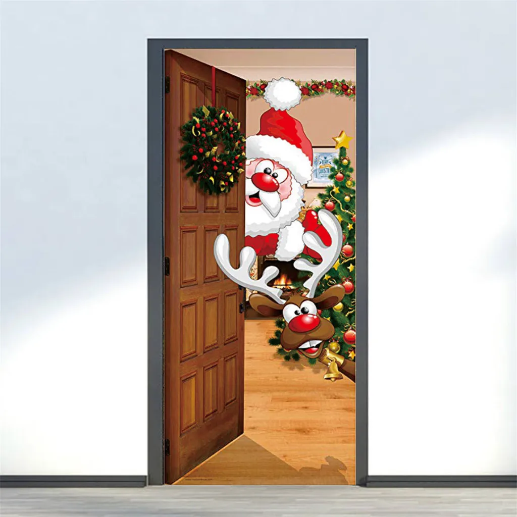 Рождественская наклейка на дверь Санта-Клаус, олень рождественское праздничное украшение на дверь, водостойкие рождественские наклейки на дверь для дома и офиса, Autocollant Porte