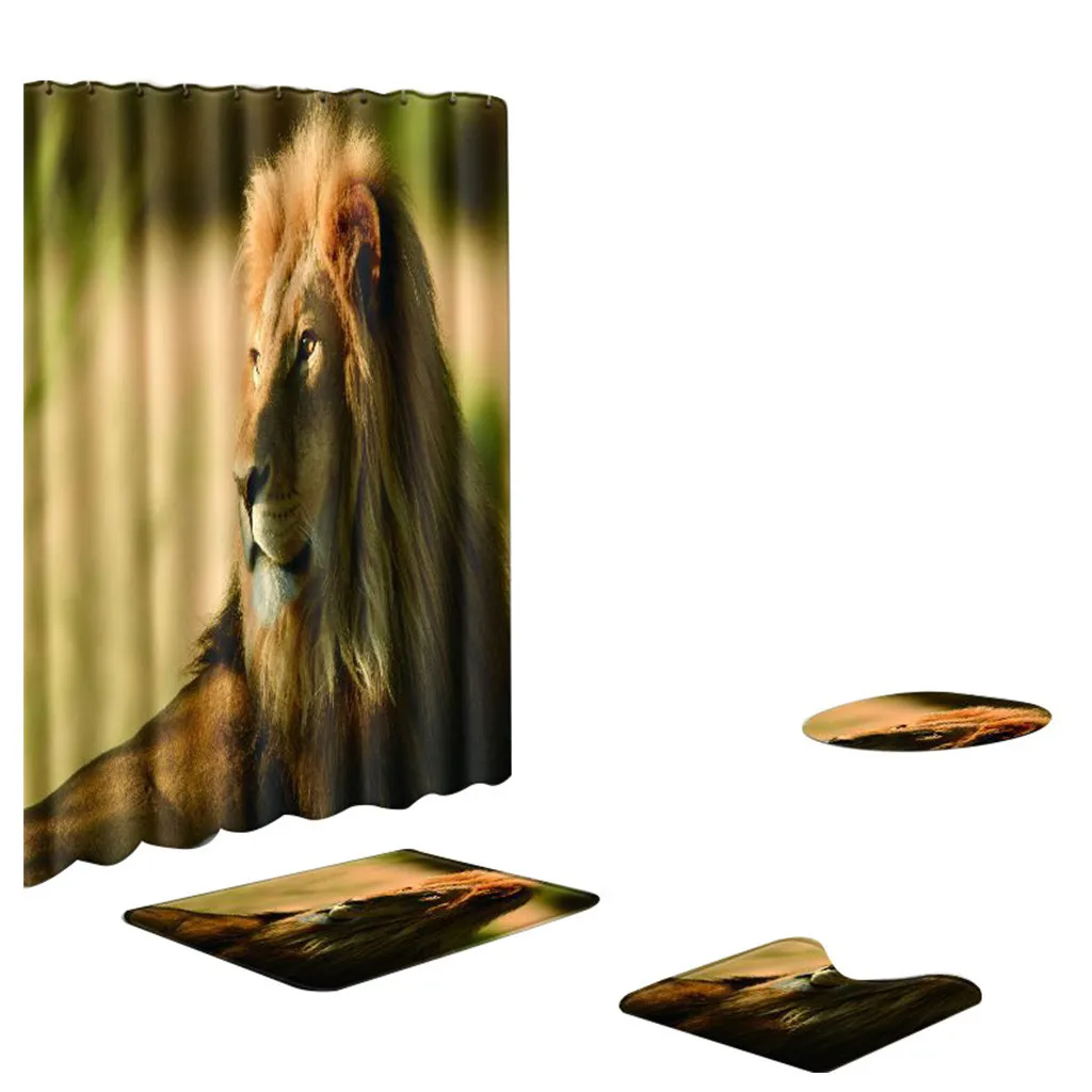 

4 Pcs New Strong Lion Pattern Non Slip Toilet Polyester Cover Mat Set Bath Rug Mat Set Bathroom Accessories Shower Curtain Set