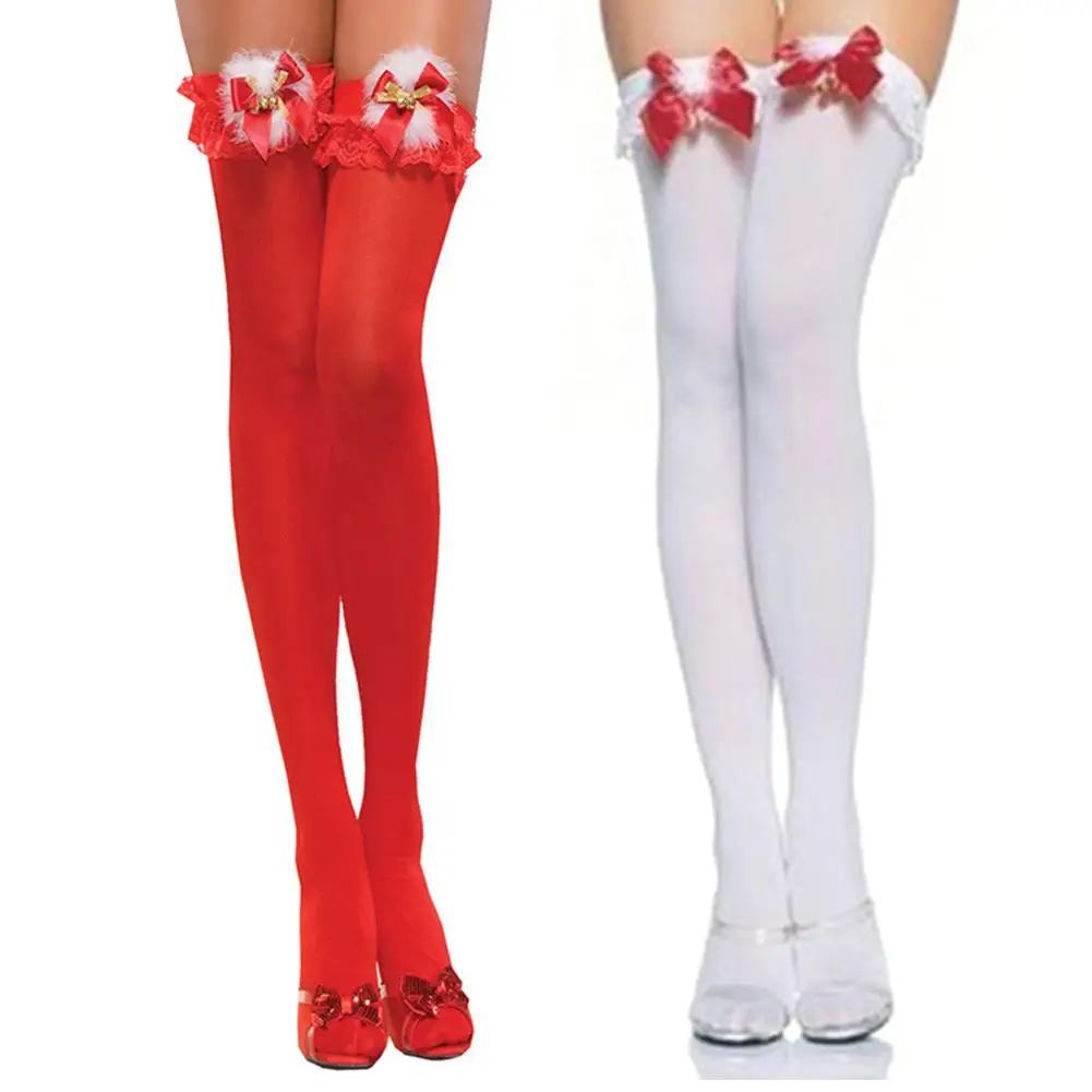 Красный бант колокольчики сексуальные бедра высокий сплошной цвет Непрозрачный Рождественский взрослый женский костюм для ролевых игр перо чулки
