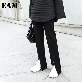 

[EAM] High Elastic Waist Zipper Split Long Wide Leg Trousers New Loose Fit Pants Women Fashion Tide Spring Autumn 2020 1N334