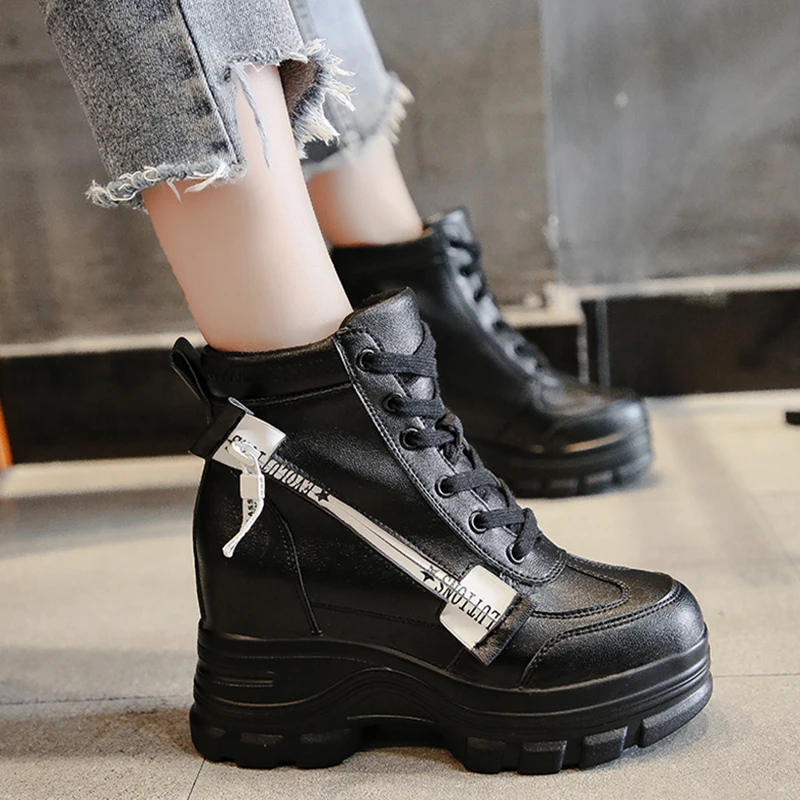 

Rimocy 2019 Autumn Winter Women Boots Height Increased Platform Shoes Woman Hidden Wedge Black Beige PU Leather Booties Mujer