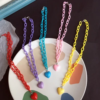 

Hiphop Harajuku Heart Pendant Acrylic Necklace Macarons Chokers Gifts for women collier femme accesories personality Party jewel