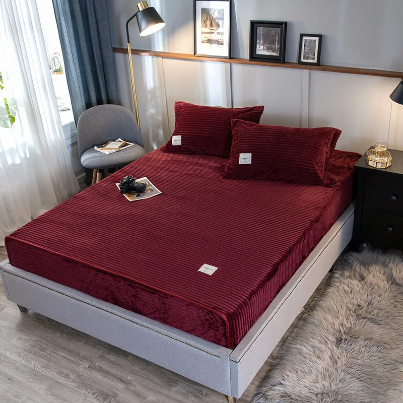 

Winter Bed Sheet With Pillowcase Soft Coral Fleece Fitted Sheet Mattress Cover For Bed Plain Fleece Solid Color With Elastic