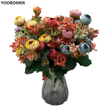 

YOOROMER artificial bouquet small tea rose silk flower artificial flower artificial plastic flower wedding home room decoration