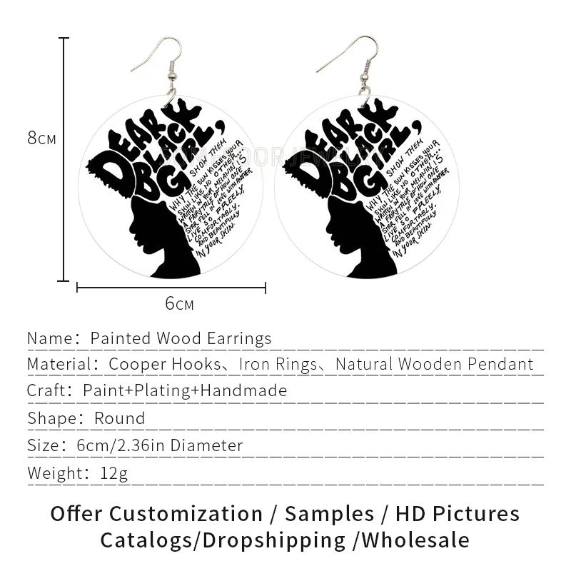 SOMESOOR Dear Black Girl африканские женские серьги из дерева с афро натуральными волосами мощность слова поговорки печать висячие серьги ювелирные изделия