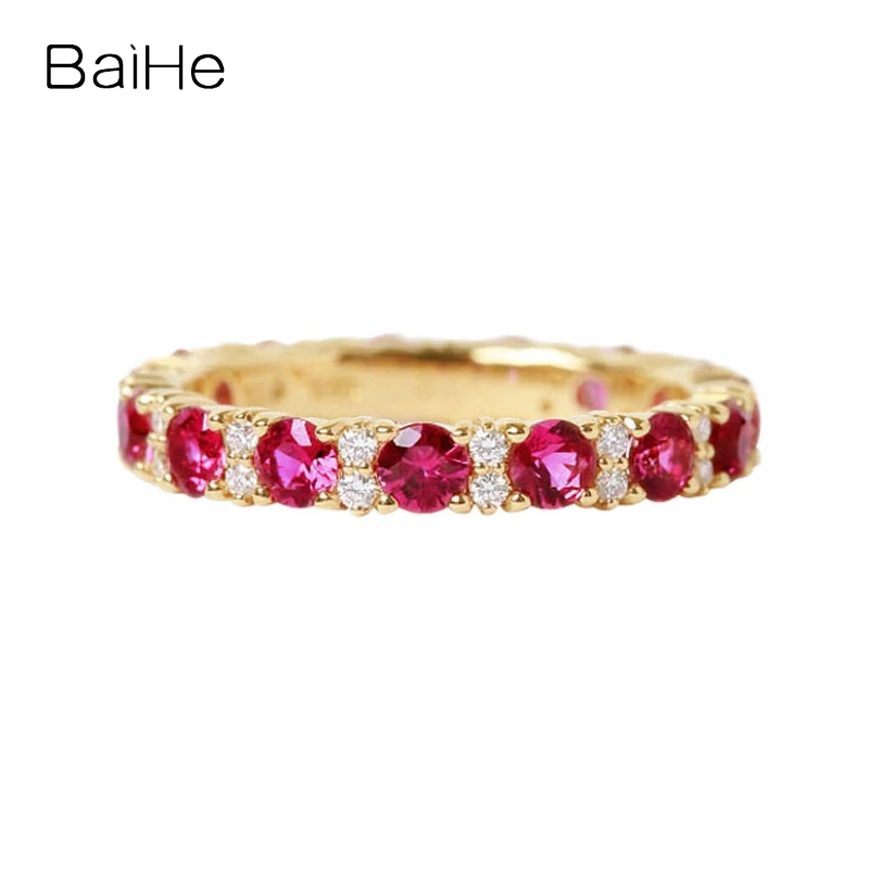 BAIHE-Anillo de oro amarillo de 14 quilates con diamantes de rubí Natural para mujer, sortija de boda, joyería fina