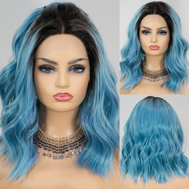 

Glissamer Ombre Blue Blonde Lace Front Synthetic Wig With Dark Roots Short Wavy Bob Wig High Temperature Fiber Green Wigs