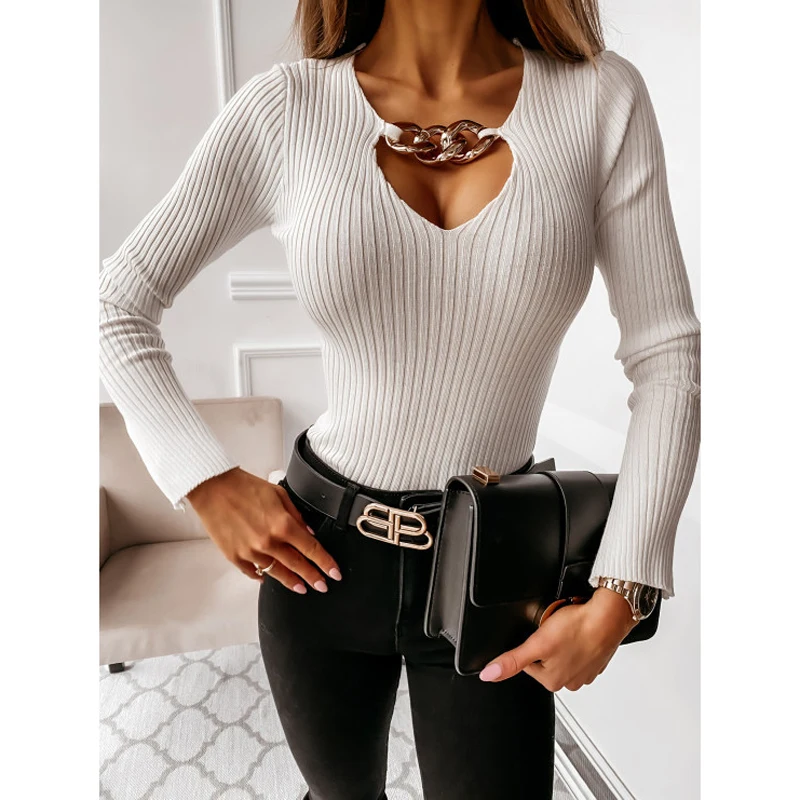 Sexy Hollow Out Deep V Neck Metal Chain Blouse Shirt Women Autumn Long Sleeve Solid Tops Office Lady Elegant Slim Women Shirts
