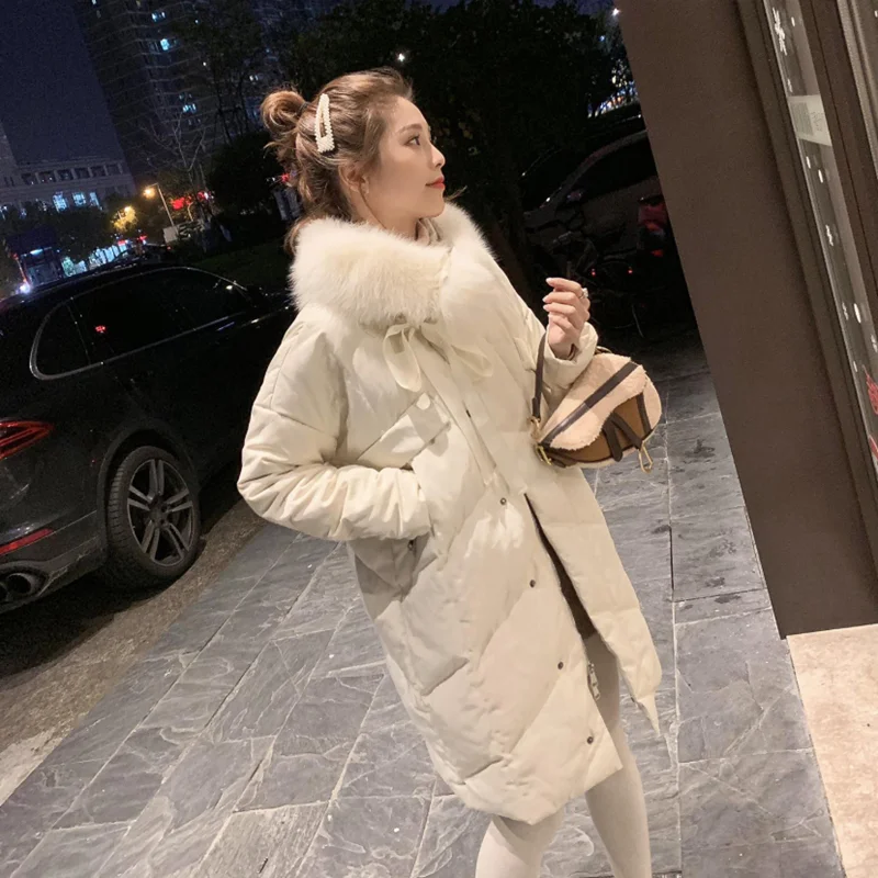 Simulation collar new style winter down jacket over knee medium and long style loose women coat white fox wool collar fashion lady clothes - Цвет: Simulation collar