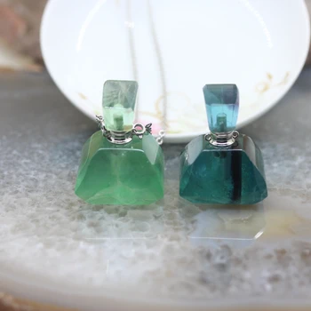 

Natural Faceted Fluorite Perfume Bottle Plated silvers Chain Pendants,Essential Oil Diffuser Vial Quartz Necklace Jewelry Gift