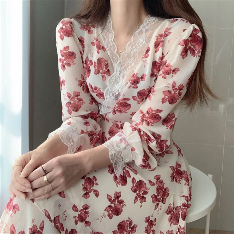 TongLord Spring Lace V-neck Floral Print Women Chiffon Dress 2020 Full Sleeve Lace-up Waist A-line Dress Female Chiffon Vestidos