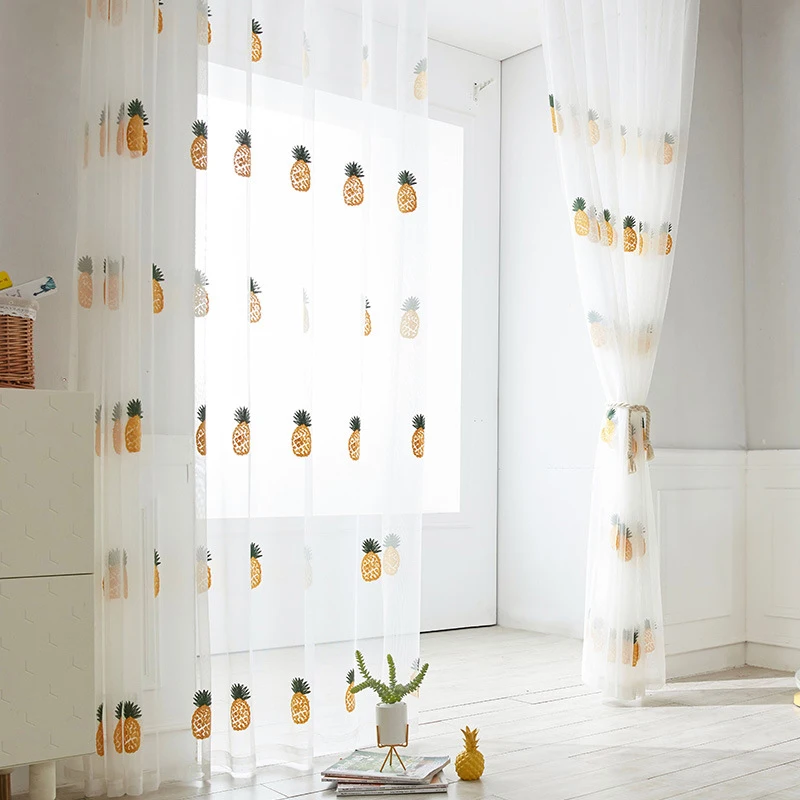 Милые белые прозрачные шторы с вышивкой ананаса для гостиной, спальни, детской комнаты, фруктового тюля для кухни, оконные шторы P430X