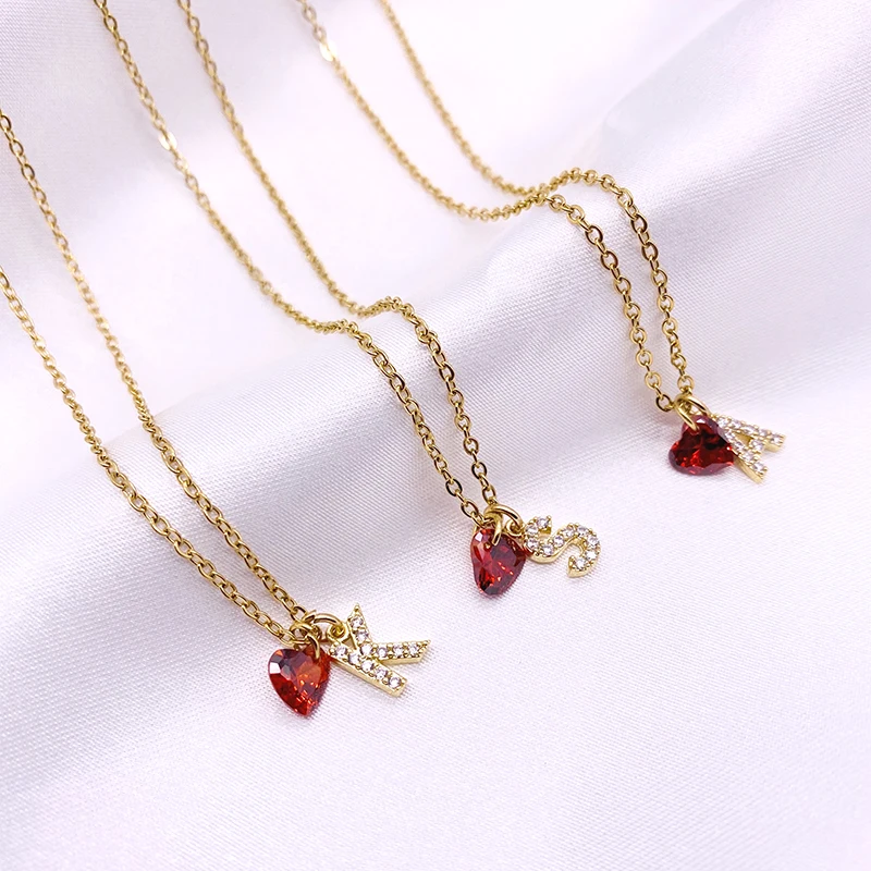 Fashion Tiny Red Stone Heart Dainty Initial Necklace Gold Color Letter Name Choker Statement Necklace For Women Pendant Jewelry