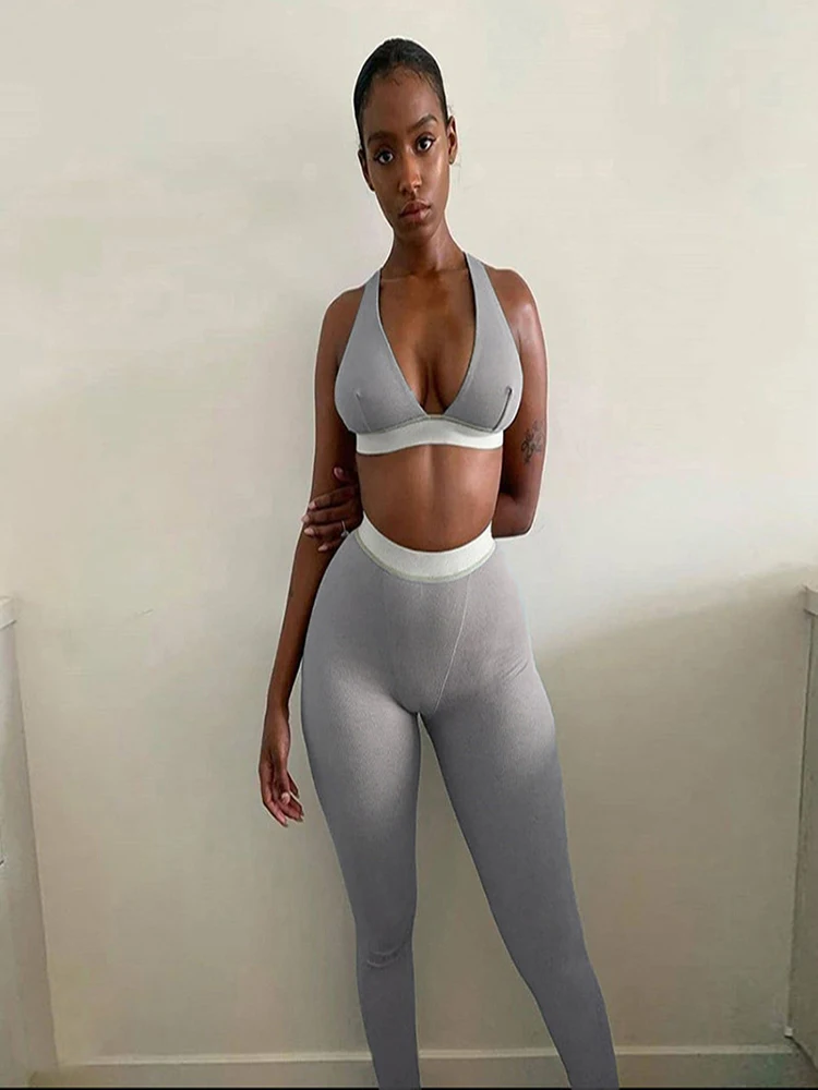 

Fitness Sporty Women Tracksuit Sleeveless V-enck Tank Stretchy Leggings Ribbed Bra Two Piece Set Solid Streetwear Outfits