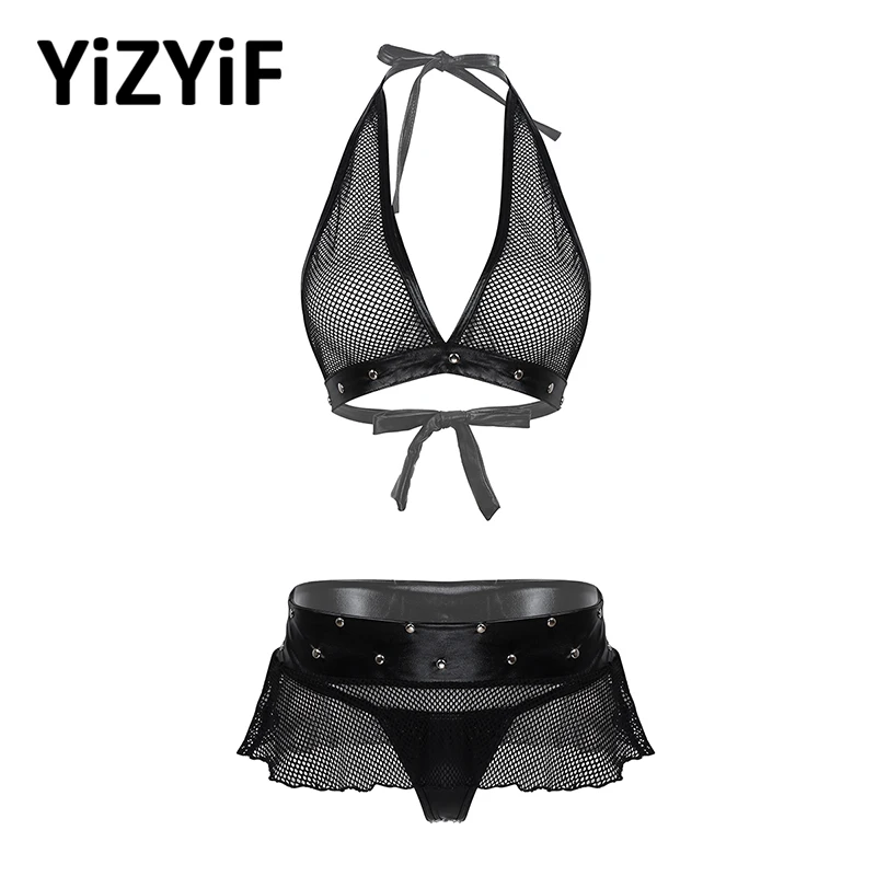 

Bikinis Women 2019 Halter Neck Deep V Bra Top and Mini Skirt with G-String Thongs See Through Mesh Patchwork Lingerie Set women