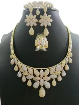 

Accking luxury water drop jewelry set 4pcs For Women Party Dubai choker Necklace Earring bangl CZ Crystal Wedding Jewelry Sets