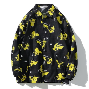 

Women Mens Cartoon Pikachu Shirt Men Long Sleeve 2020 Spring Hiphop Abstract Tree Stripes Shirt Street Men's Shirts Male Top
