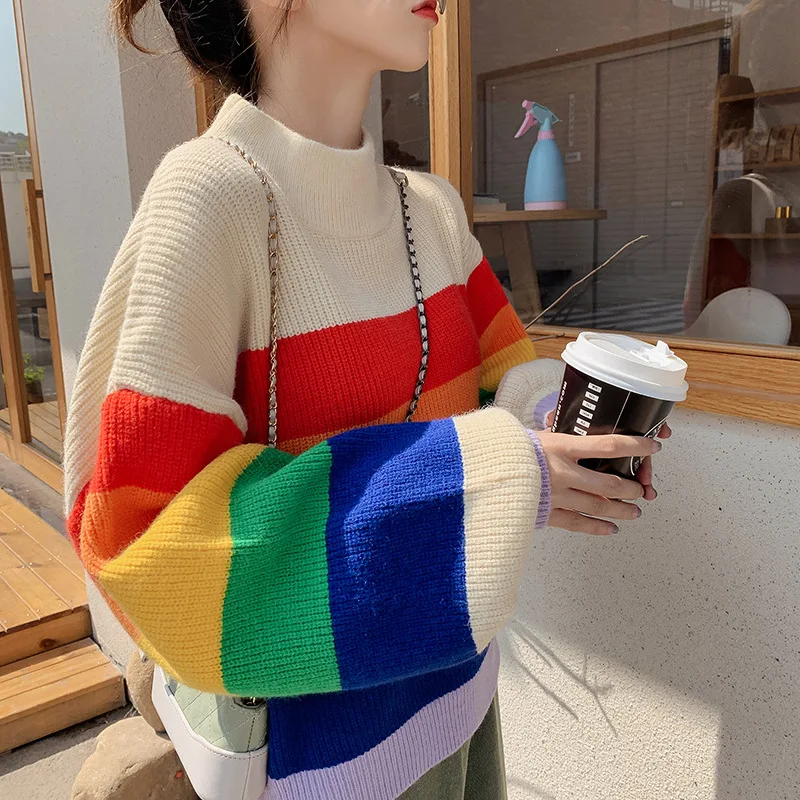 Harajuku Streetwear 2019 Autumn Rainbow Puff Sleeve Sweater Women Loose Knitting Pullovers Ladies Vintage Jumper Sueter Mujer | Женская