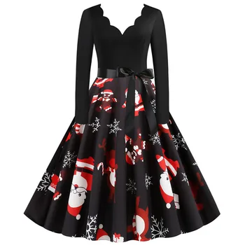 

Dress Women Maxi Dress Plus Size Women Winter Christmas Dress Vintage Santa Snowflake Printed V-Neck Long Sleeve Swing Dress
