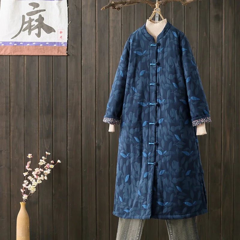Winter Women Vintage Robe Parkas Cotton Linen Coats Floral Jacket Chinese Style Clothing Women Warm Parkas 11713