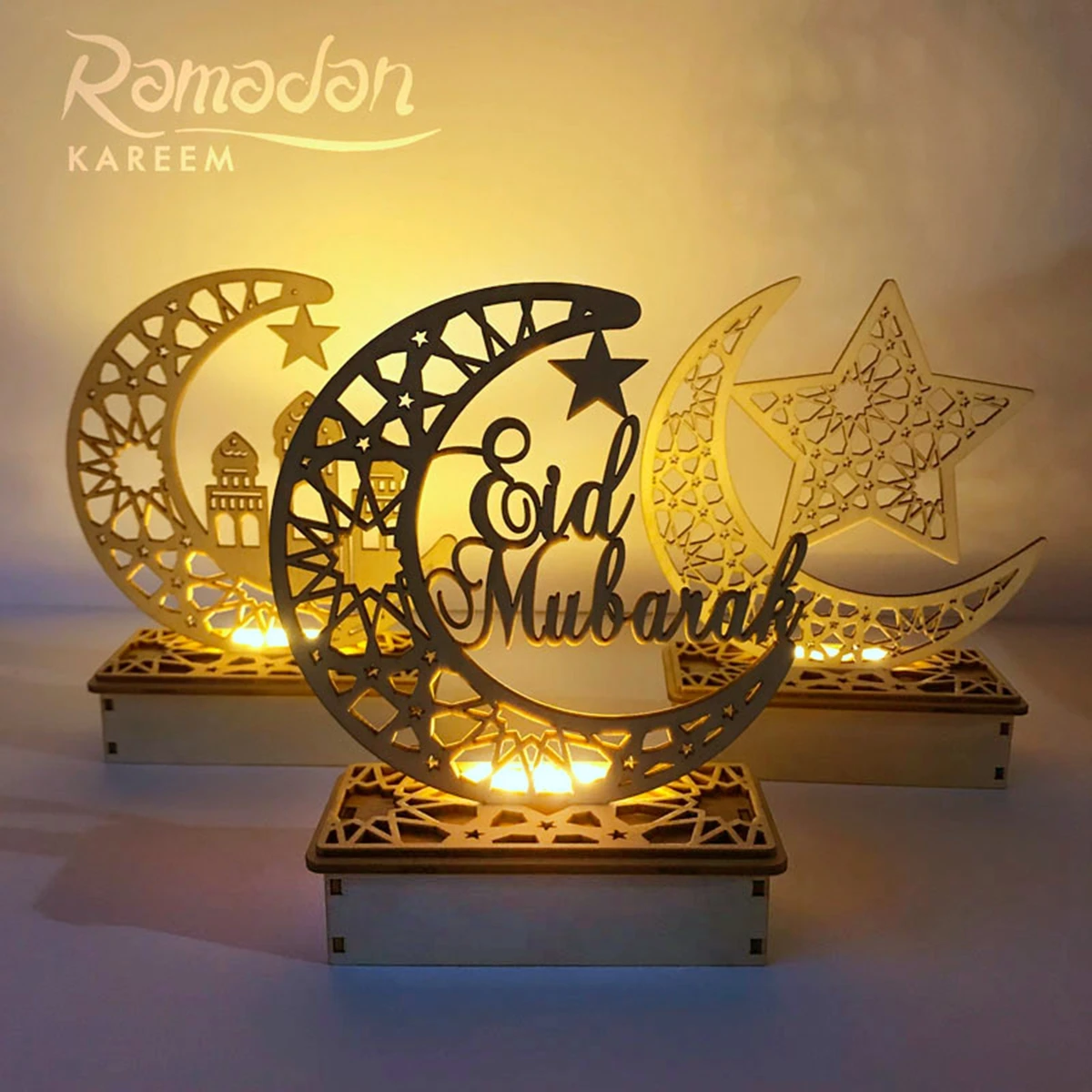 FENGRISE EID 무바라크 나무 펜던트, 라마단 장식, 가정 이슬람 무슬림 파티 장식, EID 선물, 아바야 알 아다 카림