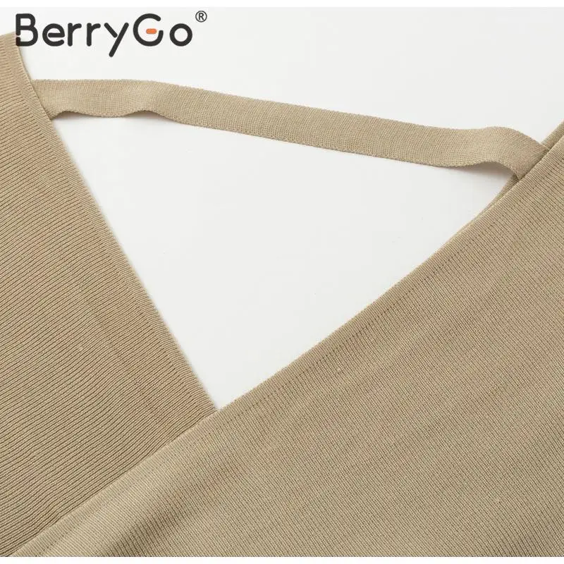 BerryGo, сексуальное вязаное платье с v-образным вырезом, женское, элегантное, с поясом, для офиса, для девушек, шикарное, короткое, для вечеринки, платье с высокой талией, однотонное, облегающее, осеннее платье