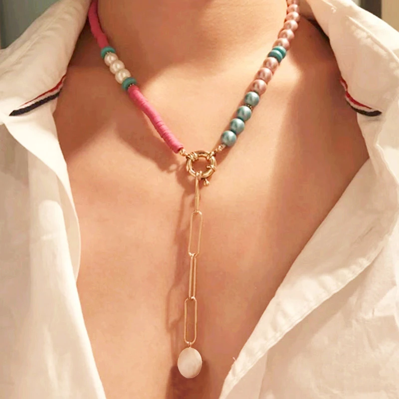 necklace Подарок, богемные четки, розовые бусы heishi, ожерелье, бижутерия, День Святого Валентина, чокер, дроссель, крупное жемчужное ожерелье для женщин, femme - Окраска металла: necklace