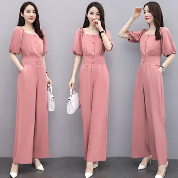 

Summer 2020 New Female Short Sleeve Shirt Loose Blouse + Wide Leg Pants Causal Vintage Two Piece Outfits Clothes Women Plus Size