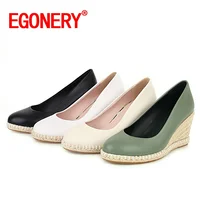 EGONERY spring new pattern slope heel round toe women shoes comfortable ventilation fashion concise office lady solid color