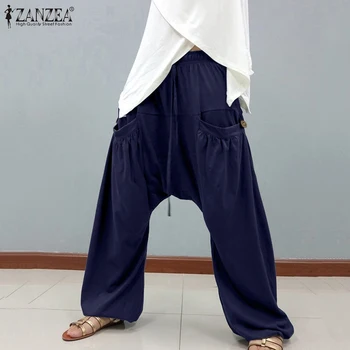 

ZANZEA 2020 Spring Women Wide Leg Pants Casual Loose Elastic Waist Long Pants Leisure Drop Crotch Trousers Streetwear Oversize
