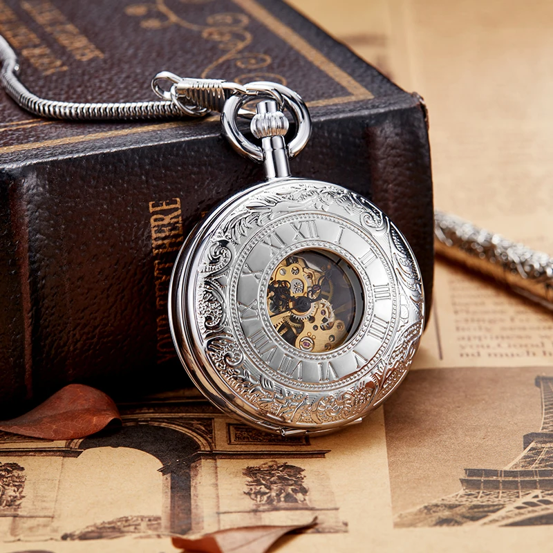 Roman Numeral Luxury Quality Copper Mechanical Pocket Watch Sliver Case Steampunk Dual Open Skeleton Fob Chain Clock for Men
