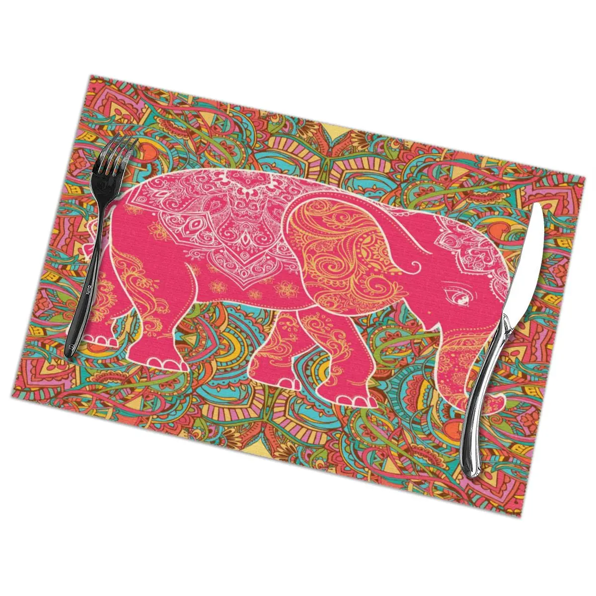 6pcs Placemat for dining table Hand Drawn Map Elephant Pajamas Heat-resistant Kitchen Dining Accessories |