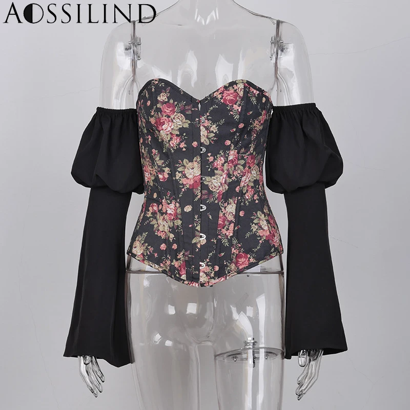 AOSSILIND Floral print vintage backless lace up blouse shirt Women denim patchwork spring long sleeve top Sexy elegant club top - 4.0006E+12