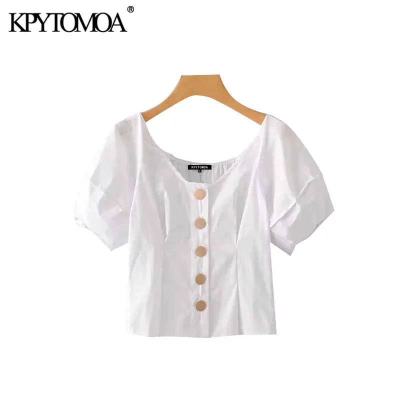

KPYTOMOA Women 2020 Vintage Sweet Buttons Cropped Blouses Fashion V Neck Short Sleeve Female Shirts Blusas Mujer Chic Tops
