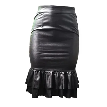 

Women Black Faux Leather Mermaid Skirt High Waist Package Hip Bodycon Ruffles Trumpet Skirts Ladies Party Fish Tail PU Skirt
