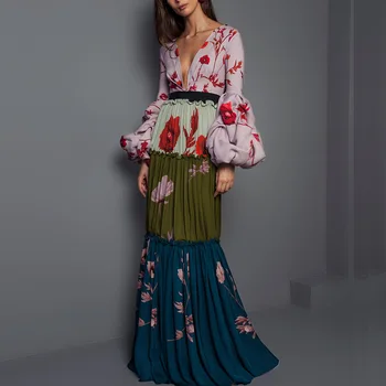 

Winter New Long Pleated Dress women Bohemian Slim Vestidos Vintage Lantern Sleeve Sexy Deep V Long-sleeve Printed Party Dress