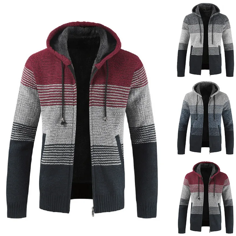 

Men's Autumn Winter Warm Cardigan Sweaters Casual Packwork Hoodie Streetwear Zipper Long Sleeve Thick Wool Male Hooded Sweater