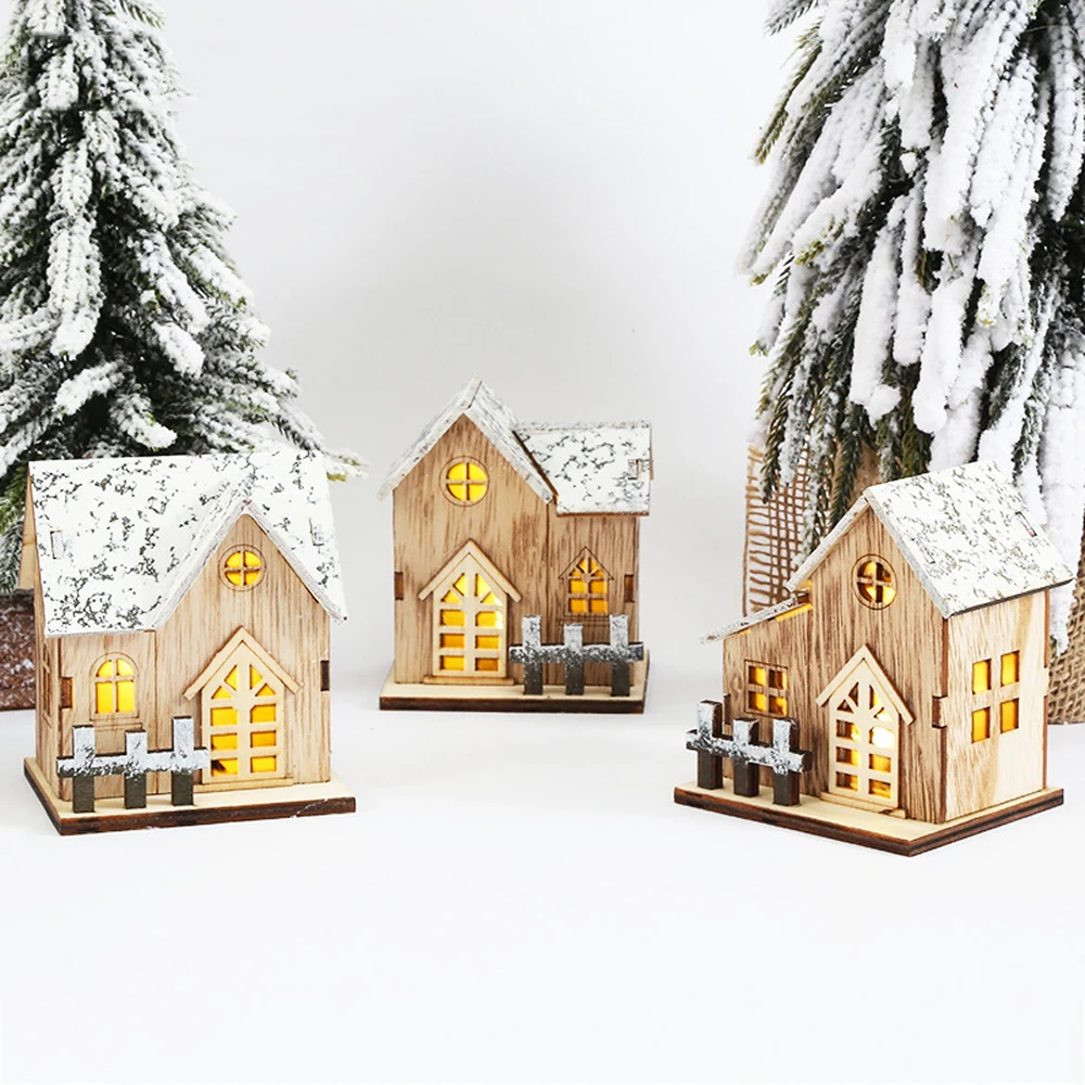 Christmas LED Light Wooden House Luminous Cabin Merry Decorations for Home DIY Xmas Tree Ornaments Kids Gift New Year | Дом и сад