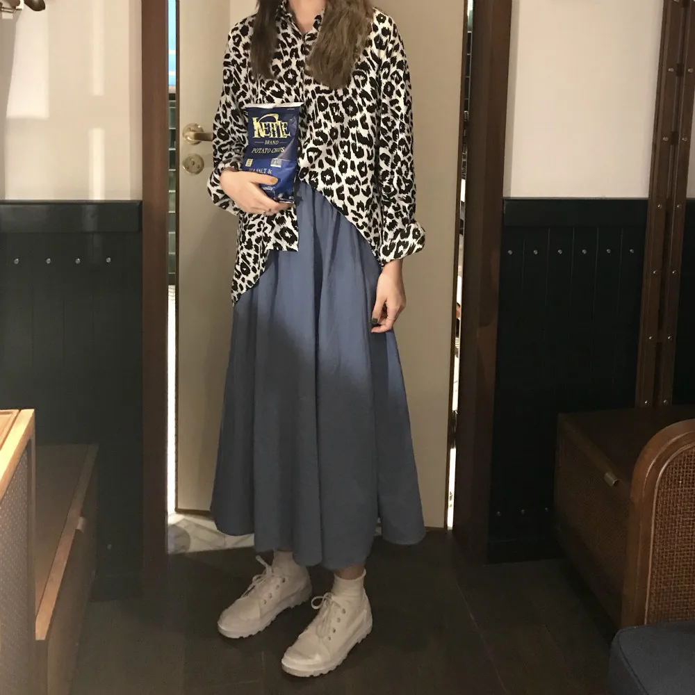 

2020 Women Autumn Cotton and Linen Elastic High Waist Haze Blue Long Skirt Solid Color Midi Umbrella Jupes
