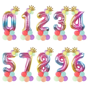 

1Set 32inch Rainbow Number Foil Balloon with Crown Colorful Pink Blue Balloons Kids Birthday Party Baby Shower Globos Decoration