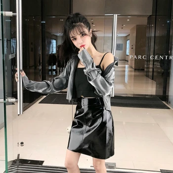 

Hot Sale Womens Sexy 3 Piece Set Women Korean Sequined Artificial Leather Brief Paragraph Shirt+Sun-top+leather Skirt Nightclub