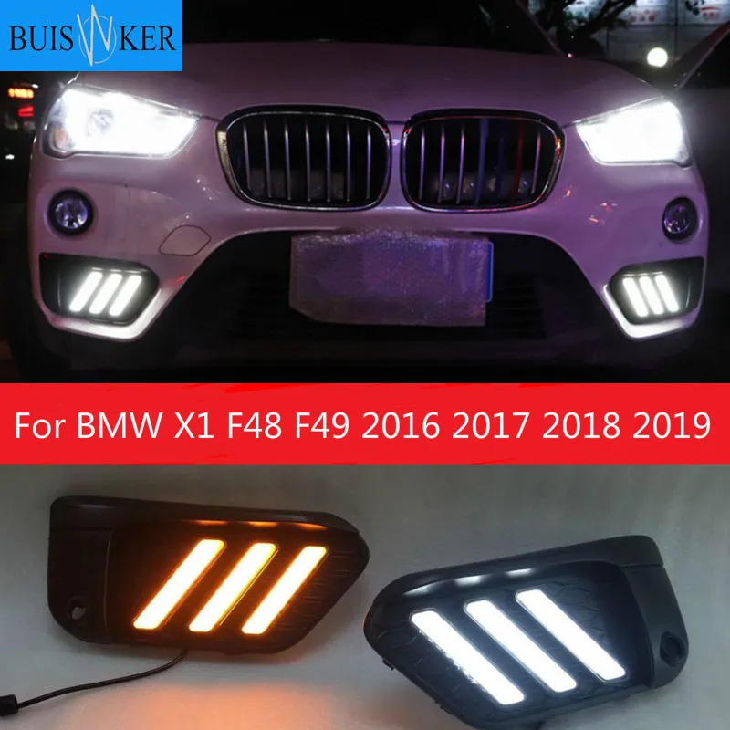 

2 шт. светодиодный дневный ходовой светильник DRL Дневной светильник s для BMW X1 F48 F49 2016 2017 2018 2019 с желтым сигналом поворота и синим ночным светильник