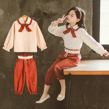 

Kids Girls Clothing Sets Spring Girl Clothes Bow Tie Top + Trousers Two-Piece Summer Children Clothe Suits Outfits 8 10 Years