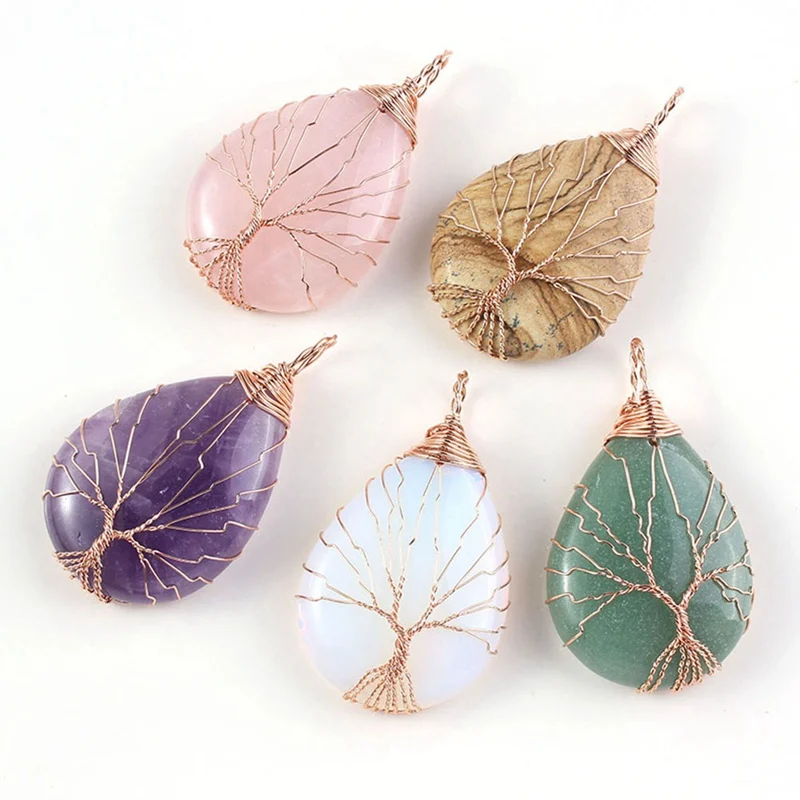 

2019 Natural Stone Jewelery Gift Gold Color pendent Tree Of Life Wire Wrap Water Drop Necklace Pendant