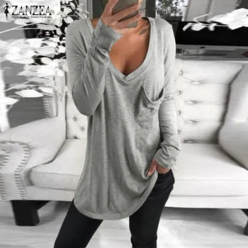 

Women's Casual Blouse 2019 ZANZEA Solid V Neck Tops Fashion Long Sleeve Tee Shirts Female Front Pockets Blusas Oversized Tunic