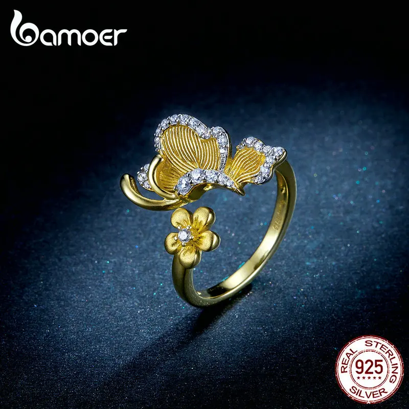 Bamoer, Летающая бабочка с цветком, 4 шт., ожерелье, серьги-гвоздики и кольцо, ювелирные наборы, 925 пробы, серебро, свадебные ювелирные изделия ZHS155