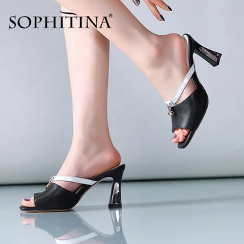 

SOPHITINA Thin Band Slippers female High Heel Metal Pendant Square Heel Peep Toe Shoes Elegant Convenence Women's Sandals SO473